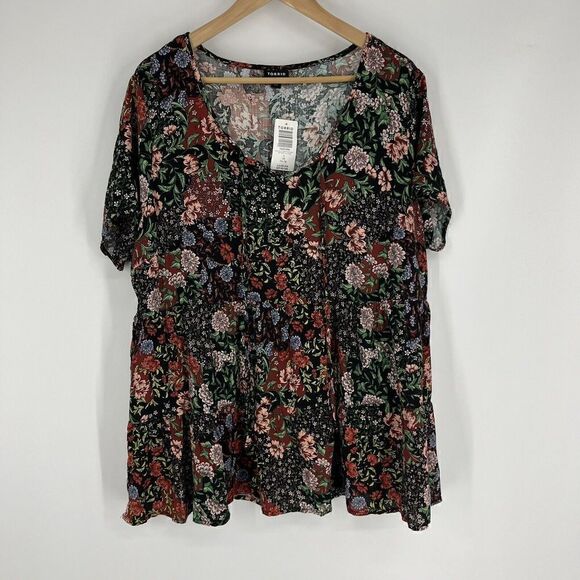 Torrid Top Size 1 Womens Black Red Lenny Floral Babydoll Blouse Boho Slub Tie - Picture 1 of 8